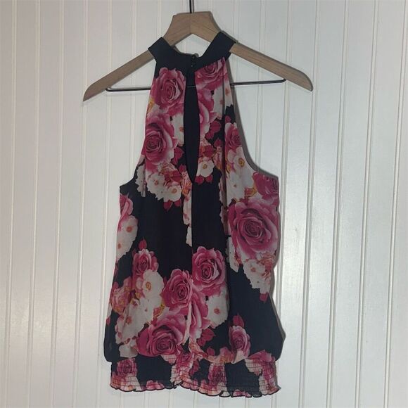 IZ Byer Floral Halter Top Size L Black Pink Rose Print Ruffle Hem Keyhole Back - Picture 3 of 9